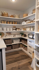 Modern Pantry Organization with Wicker Baskets and Neutral Tones