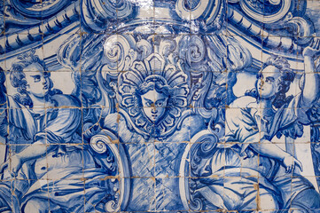 Close up of the detail of traditional blue and white ceramic tiles inside the Cathedral of Porto; traditional Portuguese ceramic tiles decoration
