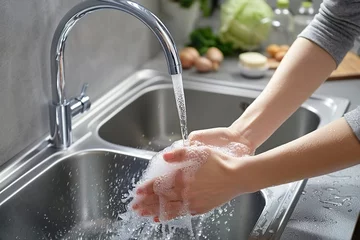 Foto op Plexiglas Hands Being Washed Under Flowing Tap Water in Sink © Carmen Martín J.
