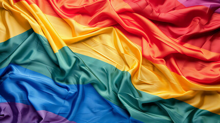 A rainbow colorful pride LGBTQ flag texture fabric with shiny waves for a fashionable backdrop or clothing decoration