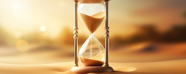 Hourglass with sand inside with desert background, banner time concept. Generative Ai.