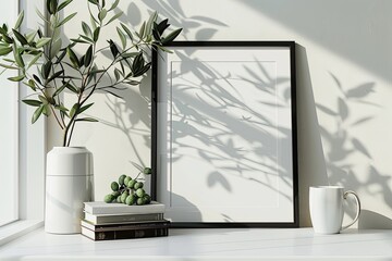 Minimalistic Vertical Poster Frame Mockup with Olive Branches and Books - obrazy, fototapety, plakaty