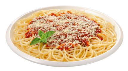 prato com espaguete ao molho de tomates maduros vermelhos com queijo parmesão ralado e folha de manjericão isolado em fundo transparente