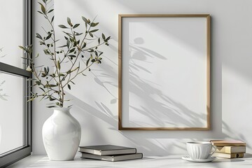 Minimalistic Vertical Poster Frame Mockup with Olive Branches and Books - obrazy, fototapety, plakaty