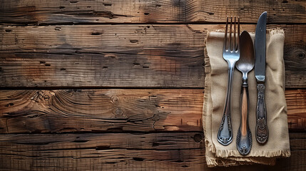 Vintage cutlery set on rustic wooden background with copy space. - obrazy, fototapety, plakaty
