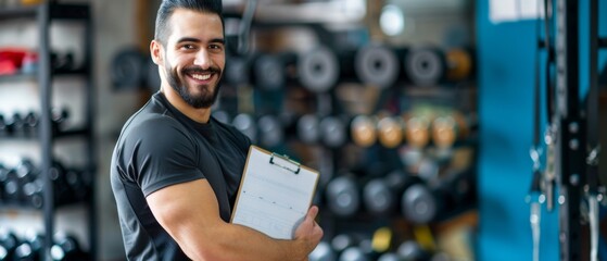 The workout center is a gym, fitness and portrait of a trainer with a clipboard for a consultation. A smiling coach or athlete is holding a wellness, health and exercise checklist in the middle of
