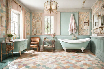 A retro-chic bathroom with pastel-colored tile accents, a vintage vanity, and an old-fashioned bathtub with claw feet.