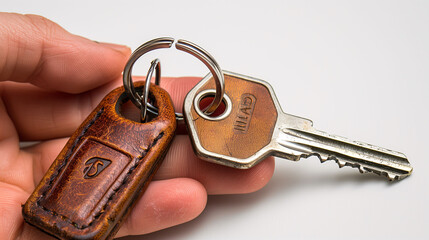 Close-up of a hand holding a key with a leather keychain on a white background. - obrazy, fototapety, plakaty