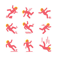 Set of caution symbols with pink falling stick figure woman. She falls down the stairs and over the edge. Wet floor, stuck on stairs. Workplace safety