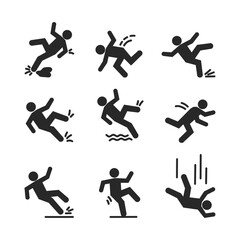 Set of caution symbols with falling stick figure man. He falls down the stairs and over the edge. Wet floor, stuck on stairs. Workplace safety