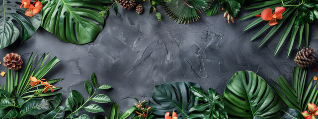 A tropical and botanical house plant leaf on black wall background, copyspace for text. - obrazy, fototapety, plakaty