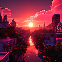Bathed in the ethereal hues of coral and pink, the city skyline basks in the warm embrace of the setting sun. A dreamy landscape unfolds before our eyes, painting the urban canvas with summer vibes th