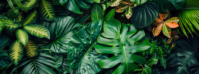 Lush green tropical and botanical leaves bathed in sunlight create a vibrant forest background - obrazy, fototapety, plakaty
