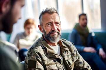 Portrait of smiling adult Caucasian white male veteran in camouflage military uniform engages in group psychotherapy discussion.Concept of help,group therapy promoting positive mental health outcomes