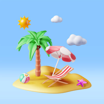 3D Deck Chair, Swim Ball, Starfish and Tropical Palm Tree. Tropical Island. Render Concept of Summer Vacation. Summer Holiday, Time to Travel. Beach Relaxation. Realistic Vector Illustration