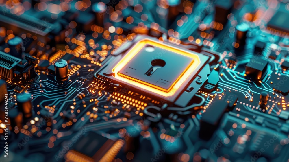 Poster Cyber security concept. Padlock on circuit board background