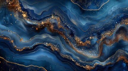 Art that incorporates the swirls of marble or the ripples of agate. Blue paint with gold powder. - obrazy, fototapety, plakaty