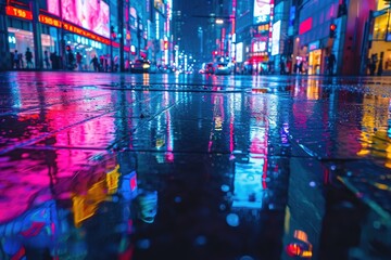 Neon cityscape with reflections on a rainy night, Vibrant neon cityscape reflecting on a rainy night.
