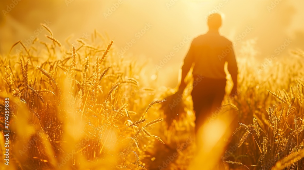 Canvas Prints In the golden wheat field, an agronomist farmer holds ears of wheat in his hand.