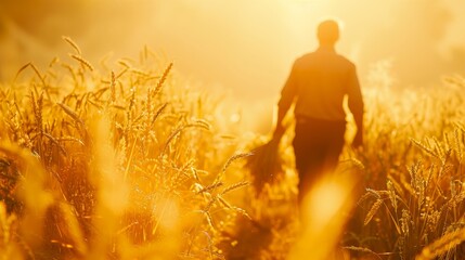 In the golden wheat field, an agronomist farmer holds ears of wheat in his hand.
