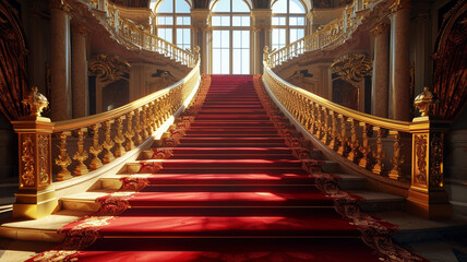 Luxurious red carpet leading up maroon steps with a glittering gold balustrade, - obrazy, fototapety, plakaty