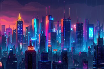 Neon-lit cityscape with a mix of architectural styles, Urban landscape illuminated by neon lights showcasing diverse architectural styles.