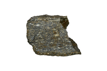 Gneiss rock specimen isolated on white background. Metamorphic rock.