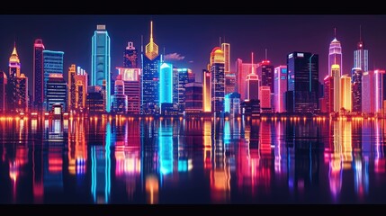 Neon-lit cityscape with a mix of architectural styles, Urban landscape illuminated by neon lights showcasing diverse architectural styles. - obrazy, fototapety, plakaty