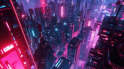 Neon-lit cityscape with a mix of architectural styles, Urban landscape illuminated by neon lights showcasing diverse architectural styles. - obrazy, fototapety, plakaty