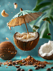 Coconut with umbrella design. Abstract tropical island in the sea. Summer vacation travel destination wallpaper background commercial. Kokos sa suncobranom, ostrvo, more, odmor, putovanje - obrazy, fototapety, plakaty