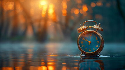 Vintage alarm clock on reflective surface with soft sunrise light in the background. - obrazy, fototapety, plakaty