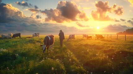 Sunset cow feeding by mature farmers