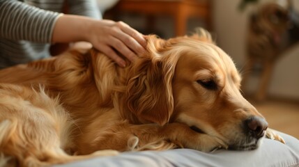 A photo of a woman's hands doing a professional massage on the back of a dog. Generated by artificial intelligence.