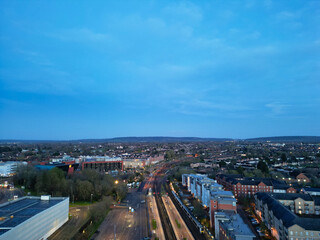 Obraz premium Aerial Night Footage of Illuminated Aylesbury Town of England UK