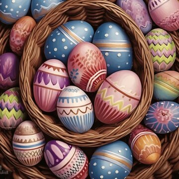 Colorful easter eggs in a wicker basket close-up