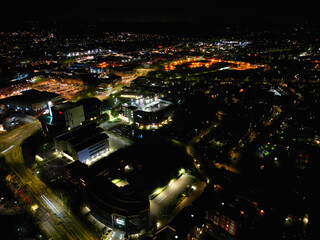 Aerial Night Footage of Illuminated Aylesbury Town of England UK