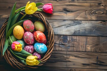 Easter eggs in basket with tulips on rustic wooden background