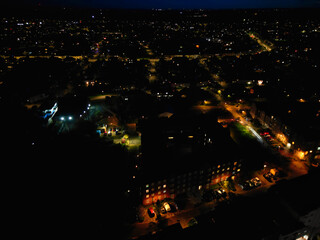 Aerial Night View of Illuminated Aylesbury Town Centre of England UK.