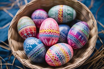 Colorful painted easter eggs in a basket on a blue background