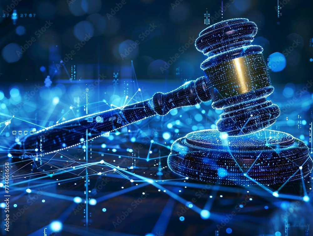 Poster high tech blue digital gavel surrounded by digital data on blue bokeh background , representing the 