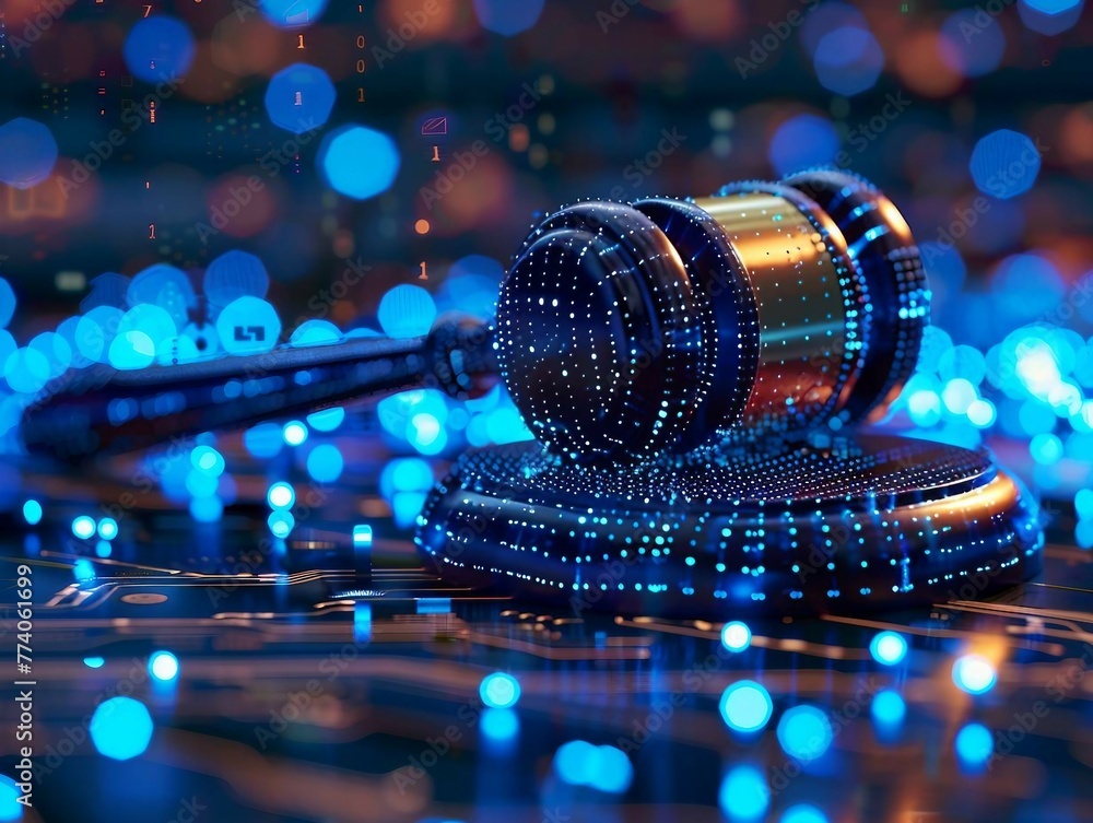 Poster high tech blue digital gavel surrounded by digital data on blue bokeh background , representing the 