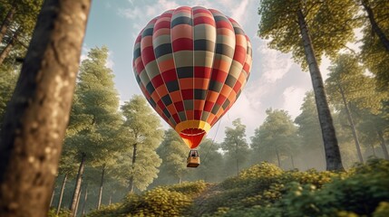 Hot air balloon over the field with blue sky, AI-generated