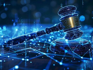 high tech blue Digital gavel surrounded by digital data on blue bokeh background , representing the role of AI in business justice.  judge hammer.