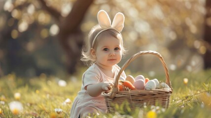 Cute little girl wearing bunny ears and holding basket with easter eggs in garden
