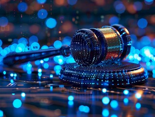 high tech blue Digital gavel surrounded by digital data on blue bokeh background , representing the role of AI in business justice. judge hammer. - obrazy, fototapety, plakaty