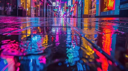 Neon-lit street with reflections on wet pavement, Glowing neon-lit street with reflections...