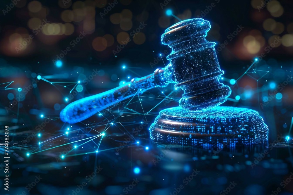 Poster high tech blue digital gavel surrounded by digital data on blue bokeh background , representing the 