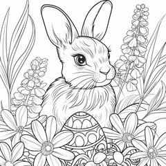 Easter bunny and flowers. Vector illustration for adult coloring book.