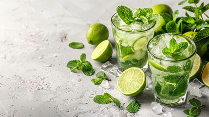 Fresh mojito drinks with lime, mint, and ice on a marble background.