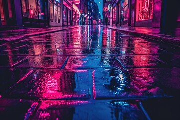 Neon-lit street with reflections on wet pavement, Glowing neon-lit street with reflections shimmering on wet pavement.